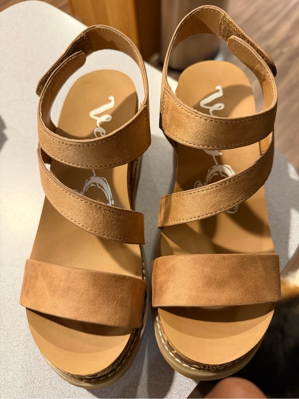 Very G Tan Triple-Strap Platform Sandals